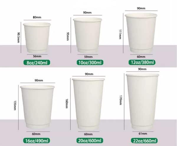 Double Wall Paper Cups Size Details