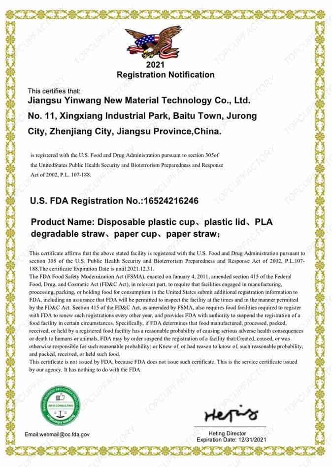 FDA Certificates-TopCup Factory