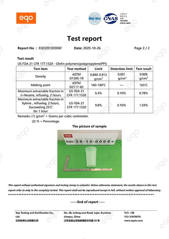 Platic cups test report TopCup Factory